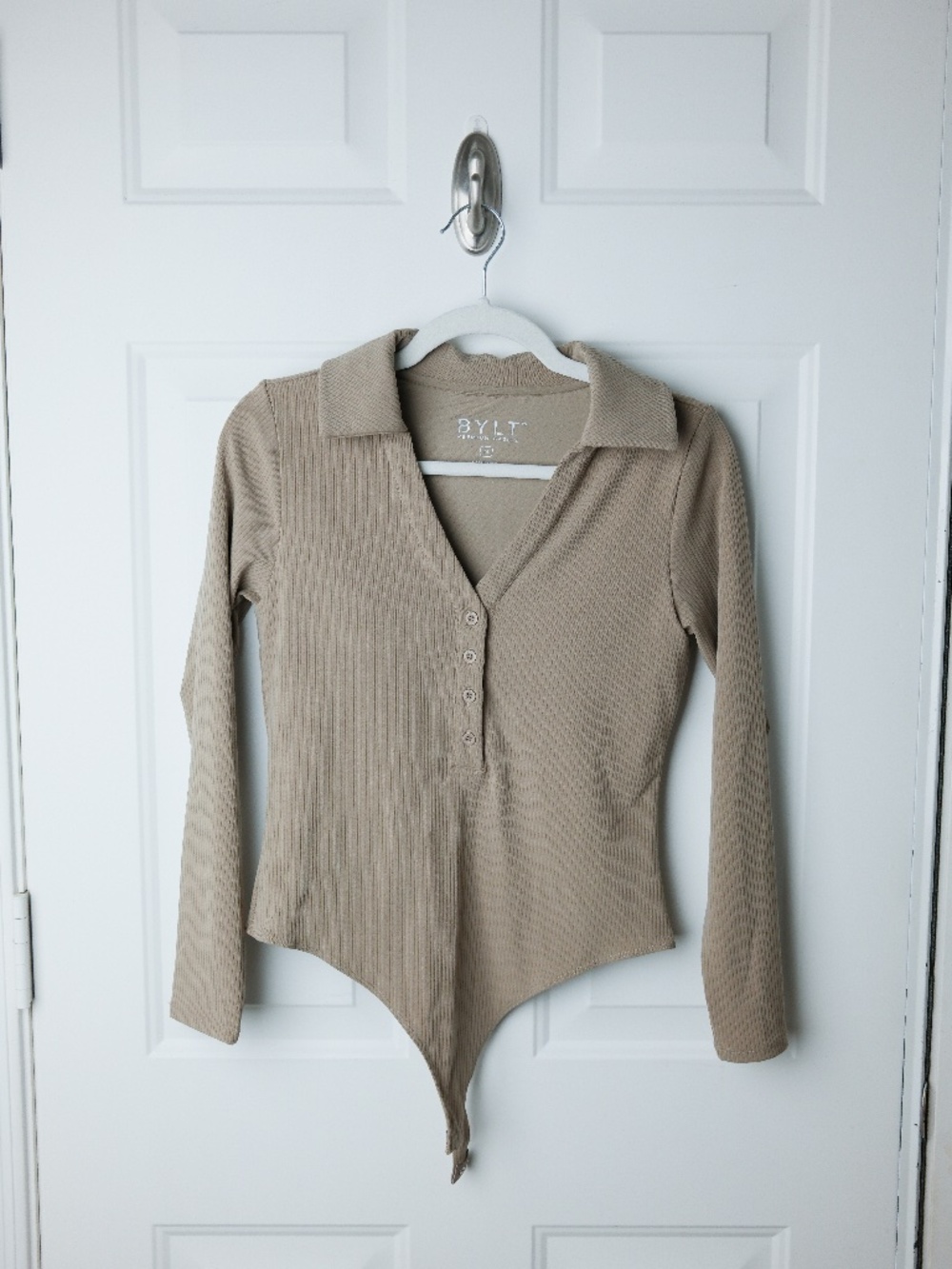 BYLT Premium Basics Women’s Medium Ribbed Long Sleeve Bodysuit Beige Collared